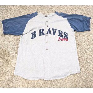 Vintage Atlanta Braves Short Jersey Mens XL Gray Baseball Button Down 90s Cotton